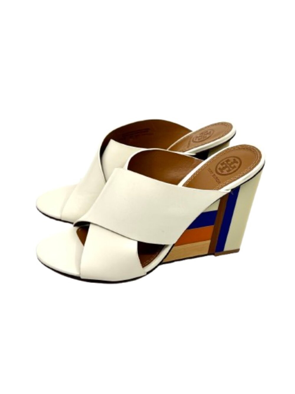 TORY BURCH "Color Cube" Leather Open Toe Wedge Mules Shoes - Ivory Size 8.5 NEW